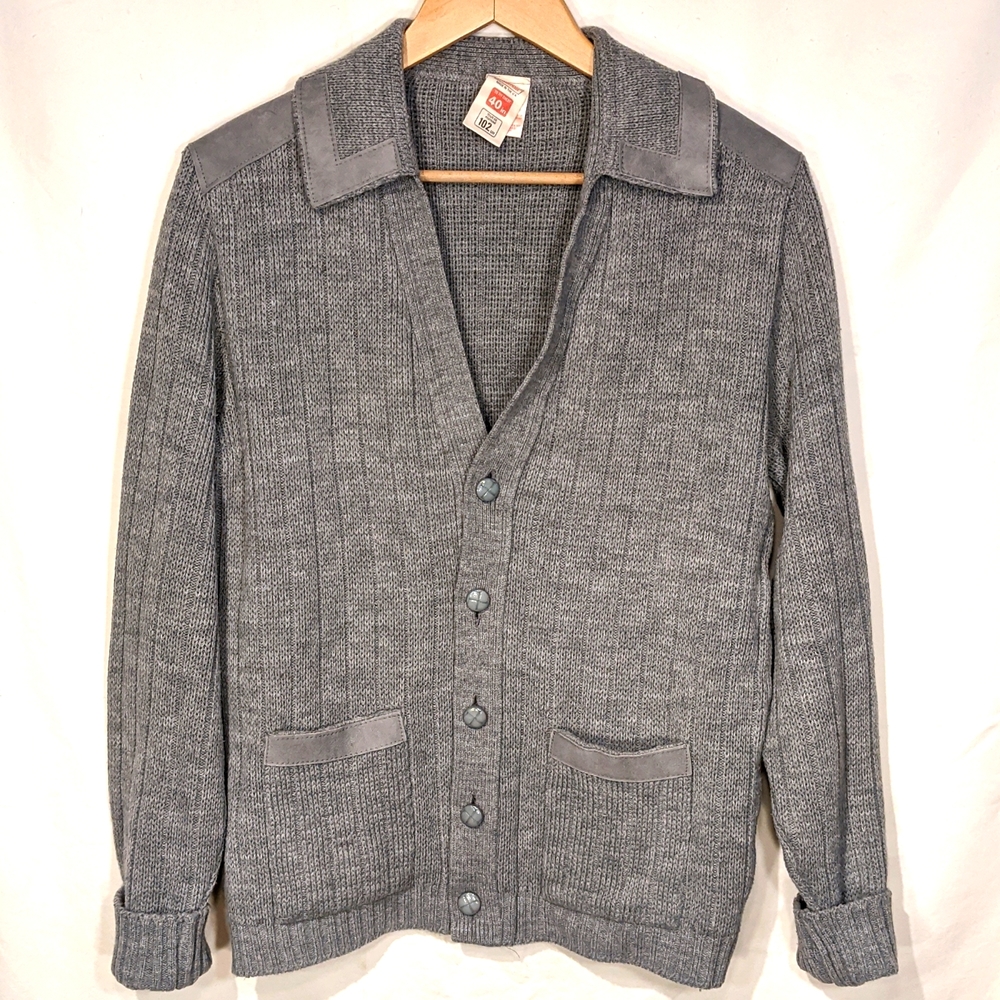Vintage St Michael's acrylic and suede collared grey cardigan size 40